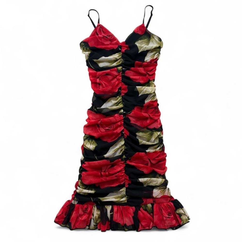 Y2K Ruffle Mini Dress Romantic Coquette Party Leyva's USA Rose Print Ruched S